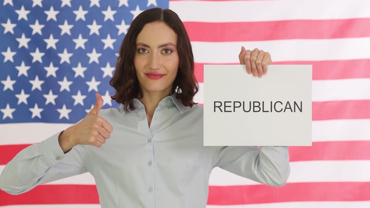 Woman Shows Support for Republican Party in Front of US Flag