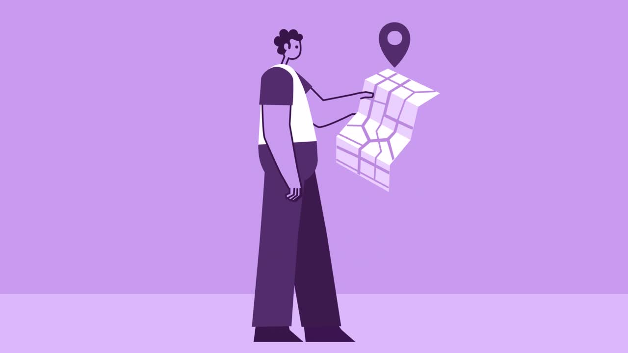 Purple Style Man Flat Character Walking Cycle with GPS Map. Isolated Loop Animation with Alpha Channel