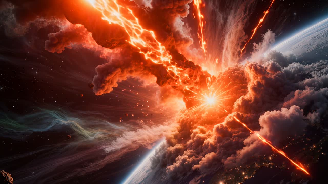 Gigantic asteroid collides with Earth, sending fiery debris, glowing clouds and shockwaves into space in a dramatic apocalyptic sci fi scene