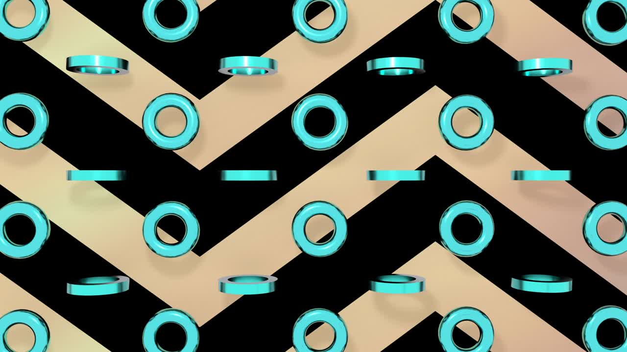 círculos de metal turquesa girando en líneas de oro rosa de fondo. animación de bucle sin costuras 4k 3d.