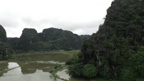 Aerial-shot-of-rice-fields-in-the-green-and-lush-mountains-in-Asia-on-an-overcast-day