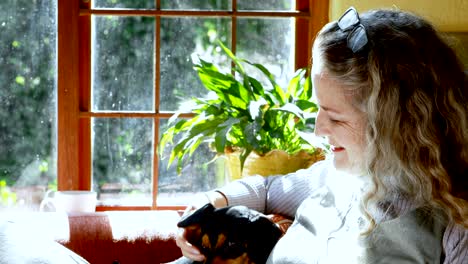 mature woman petting her dog in living room 4k