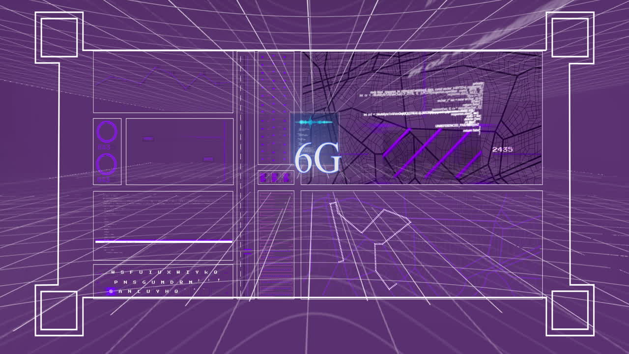 Animation of 6g text and data processing on black background