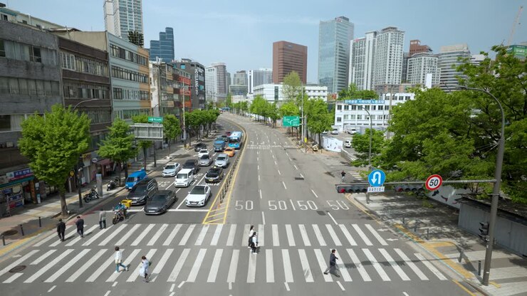 View of downtown Seoul, South Korea city street as seen from the from Seoullo 7017 pedestrian bridge