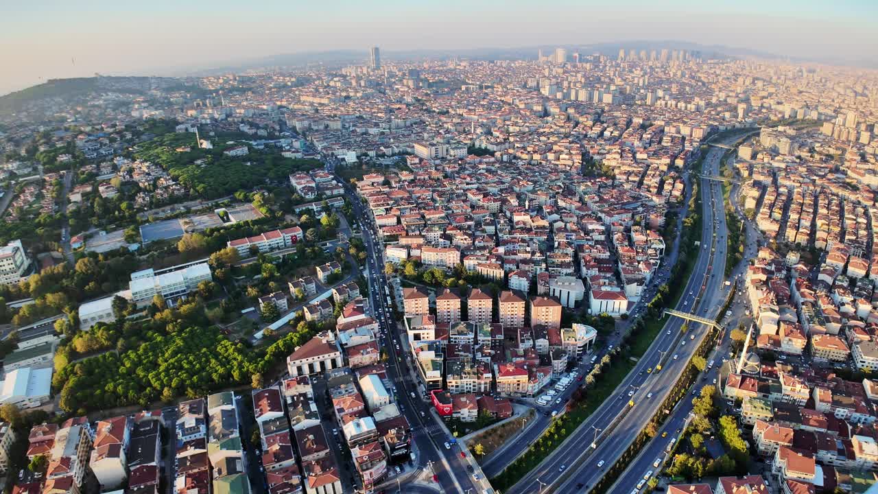Aerial View of a City with Buildings and Highways