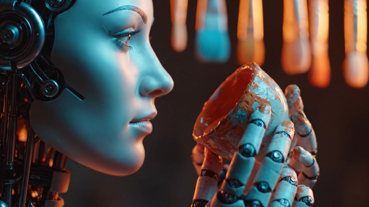 Un robot umanoide futuristico tiene delicatamente un'opera d'arte colorata tra pennelli vivaci, a simboleggiare l'intersezione tra tecnologia ed espressione artistica
