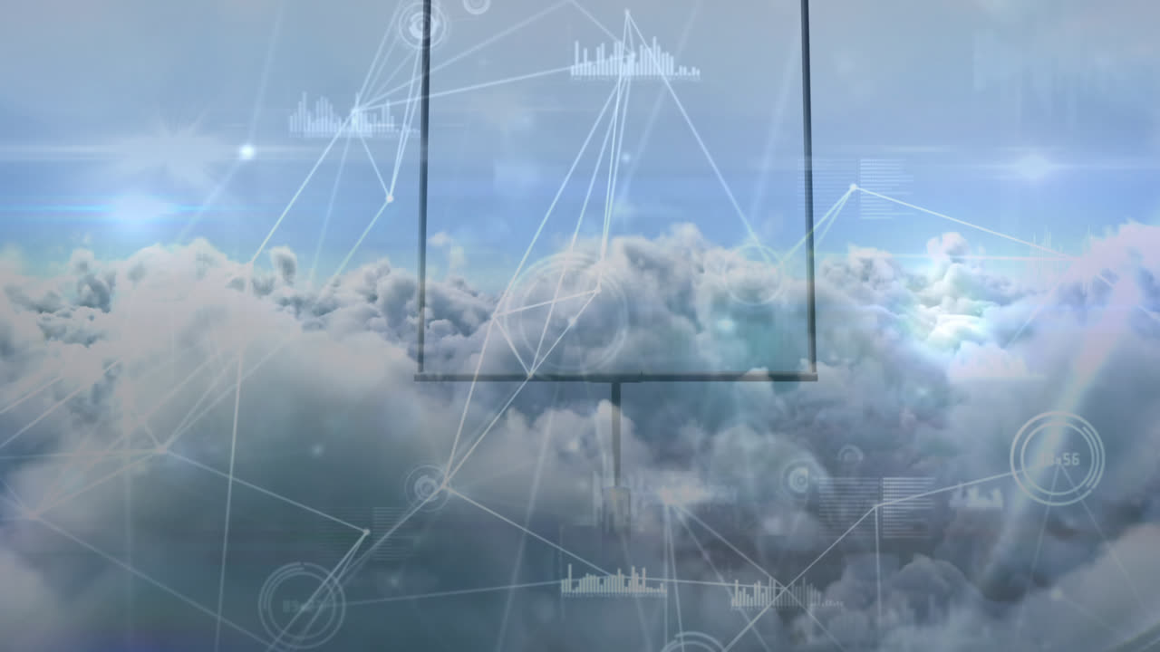 red de conexiones girando sobre las nubes en el cielo contra el poste de la portería de rugby
