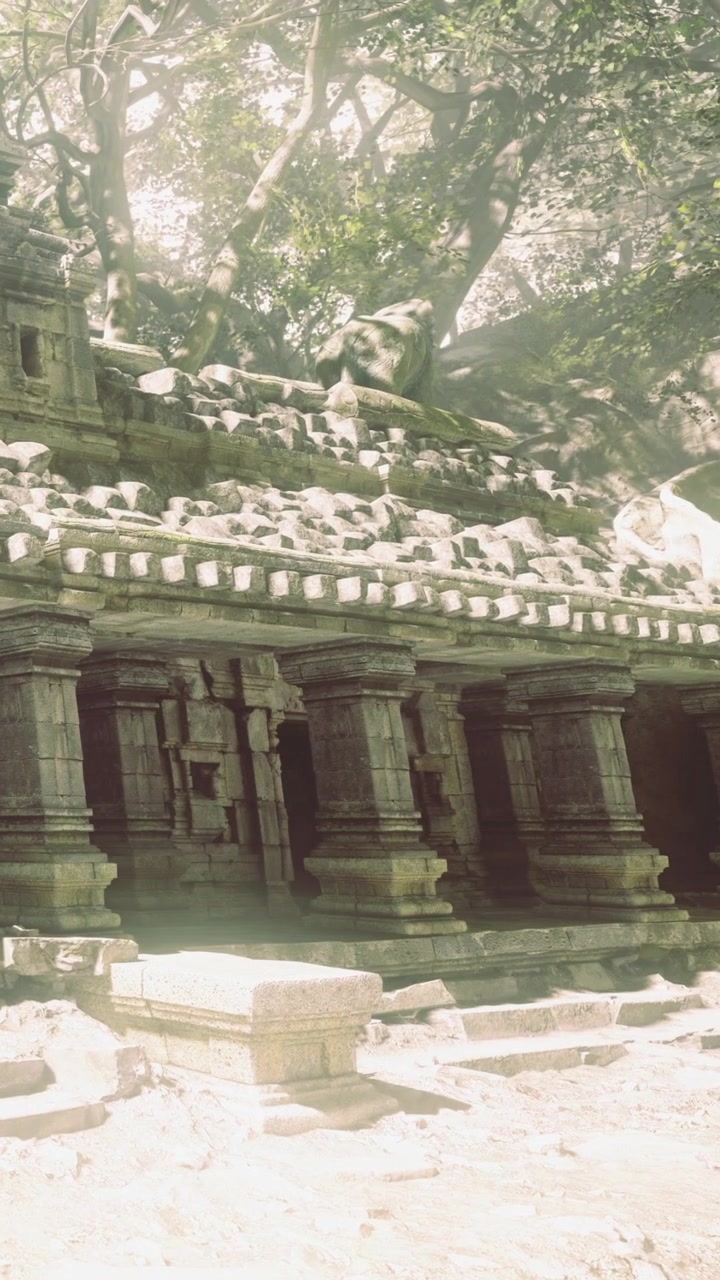 Ancient stone temple nestled among lush trees in bright sunlight