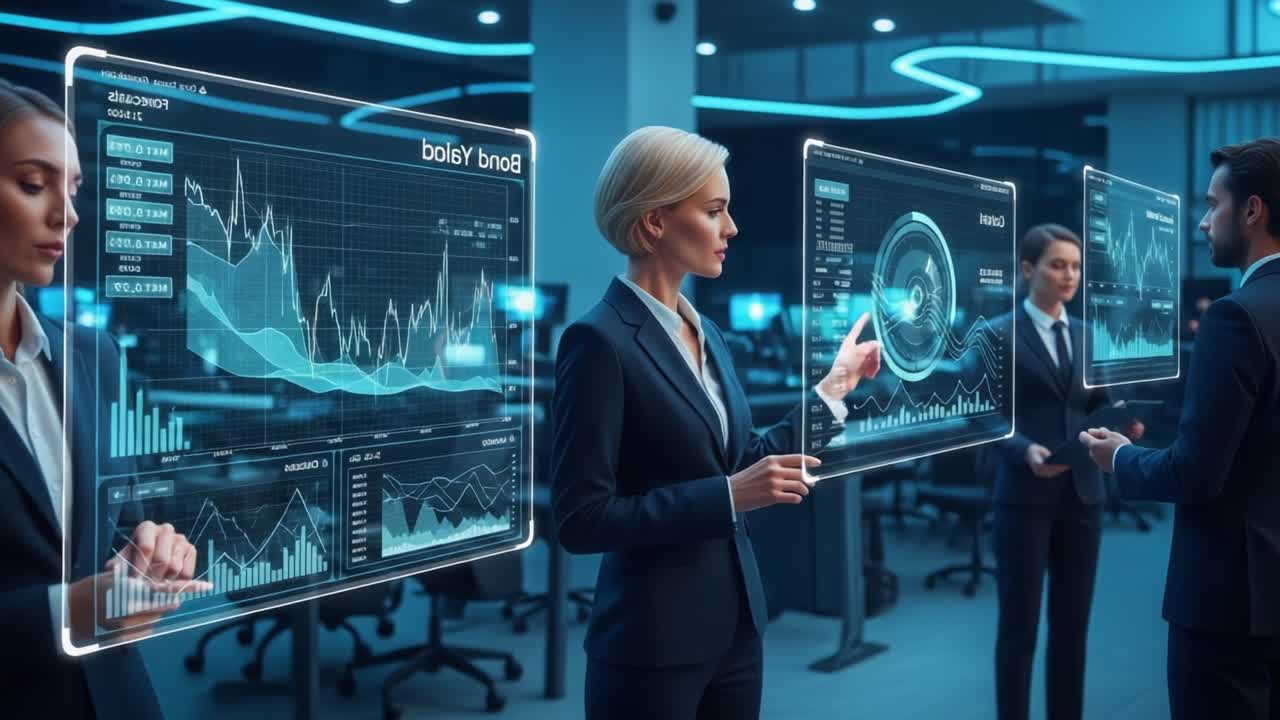 An Insightful Gathering of Data Analysts Utilizing Advanced Technology in a Modern Office Setting to Interpret Complex Financial Metrics and Trends