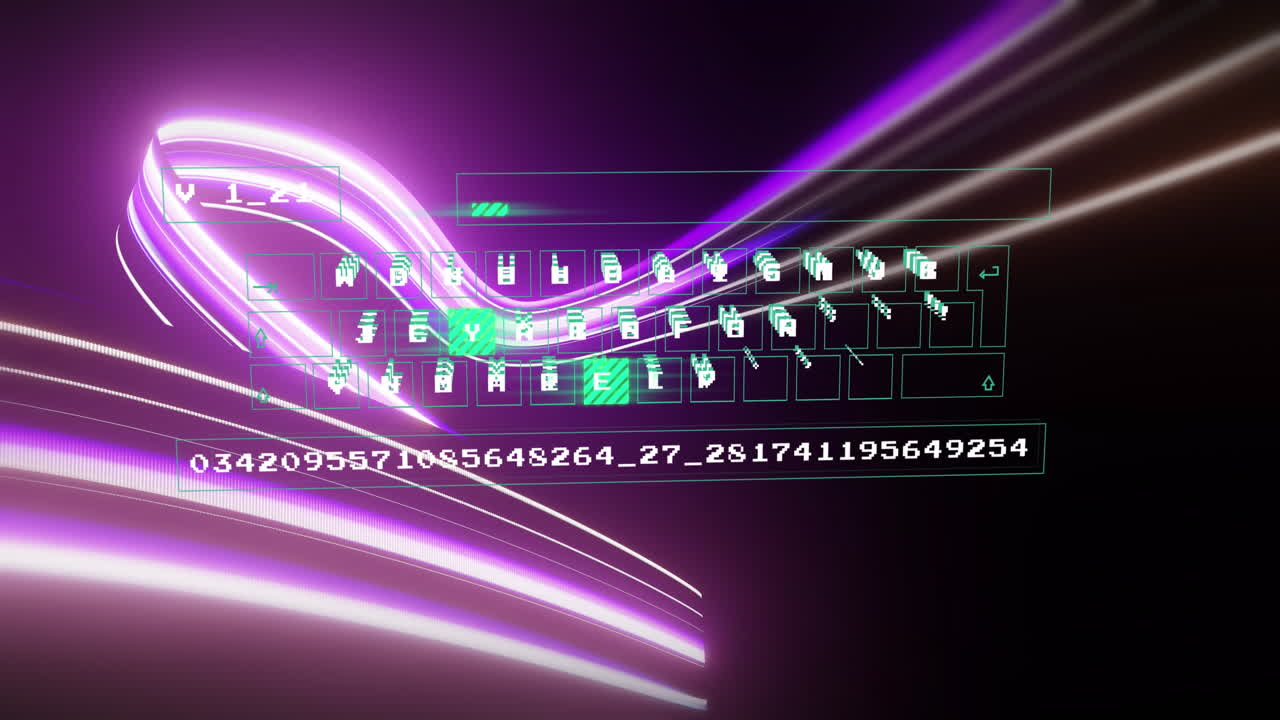 배경의 파동 패턴 위에 글자, 숫자에 움직이는 추상적인 패턴의 애니메이션