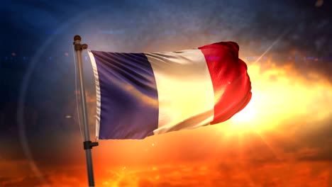 la bandera de francia retroiluminada en un hermoso ciclo de amanecer en cámara lenta 4k