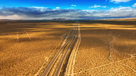 view of a desert in california covered with little bushes. highway lies along the landscape. top view.