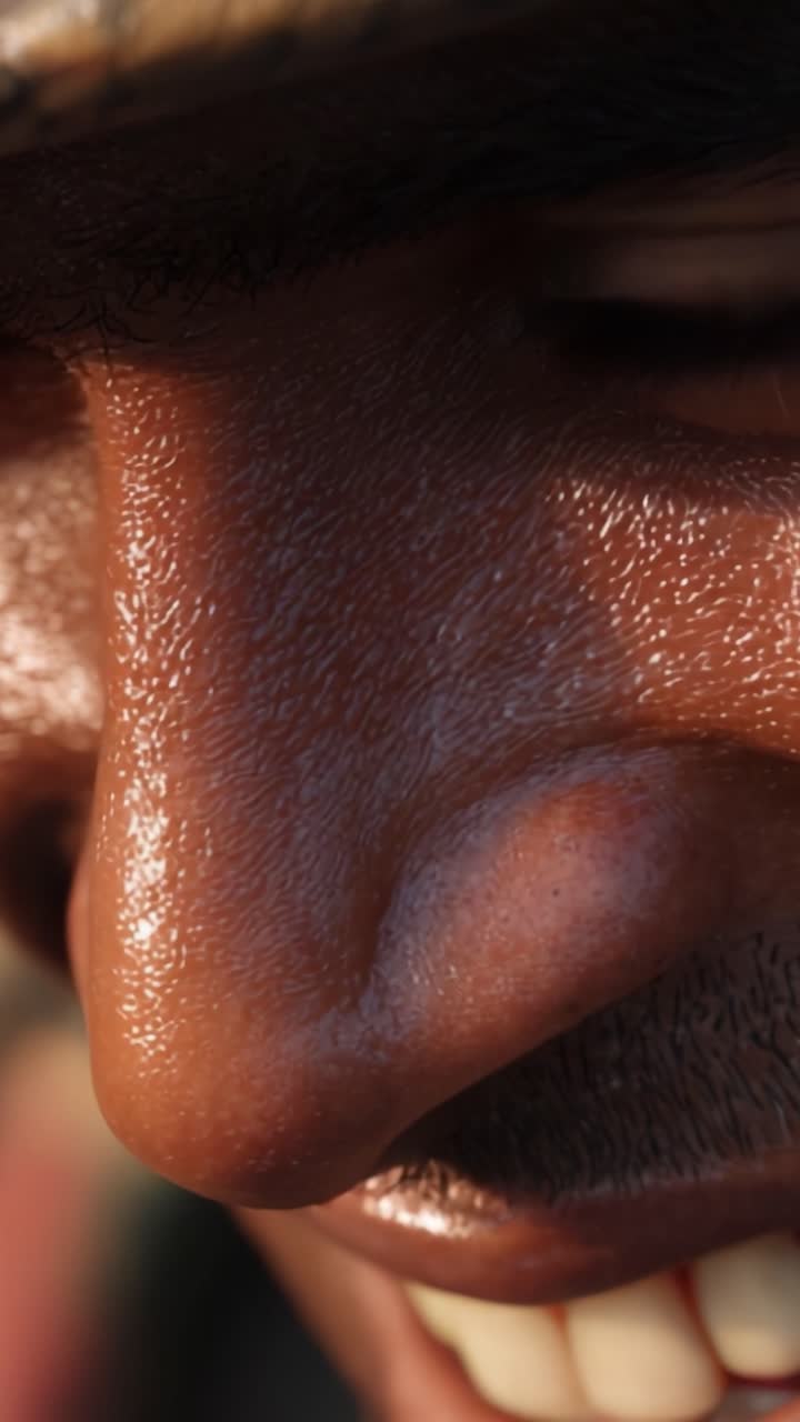 Close-up Expression of Joy from a Smiling Individual with Textured Skin, Highlighting Intricate Details and Natural Lighting Effect