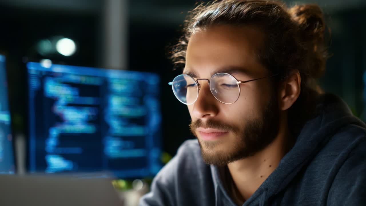 Focused Programmer Analyzing Code on Computer Screen at Night, Illuminated Environment, Intense Concentration and Critical Thinking for Software Development