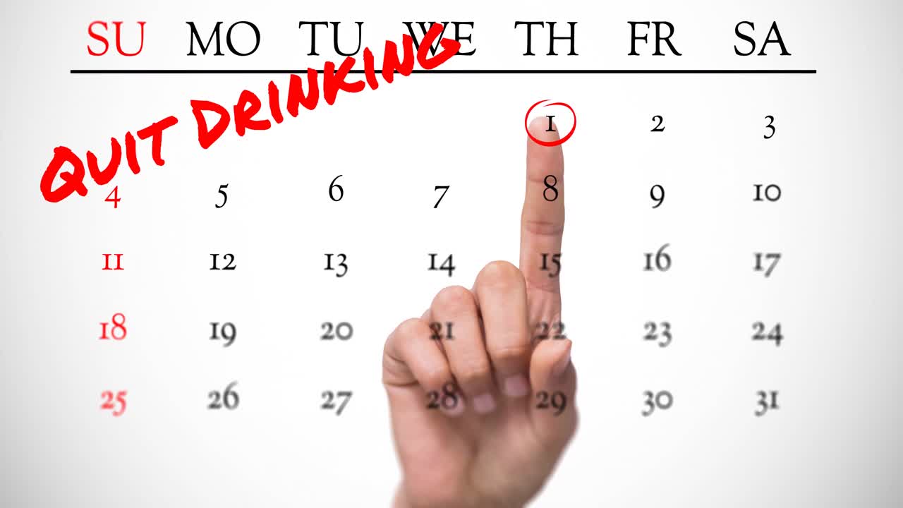 빨간색 텍스트로 술을 끊는 애니메이션과 달력에서 1월 1일을 가리키는 손가락