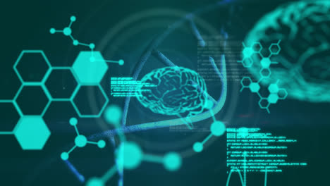 Animation-Der-Datenverarbeitung-Und-Der-Chemischen-Formel-über-Einem-DNA-Strang