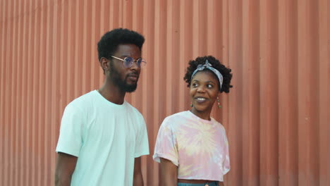 hombre y mujer afroamericanos caminando al aire libre y charlando