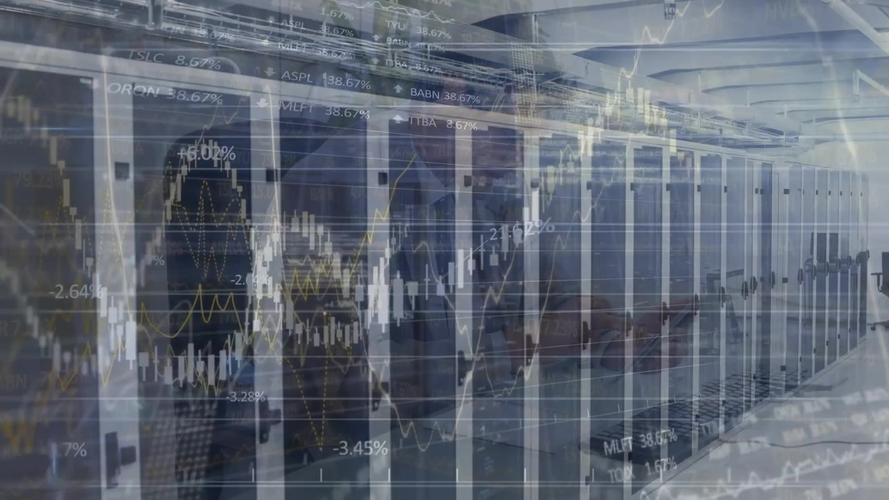 Animation of data processing and businessman over computer servers