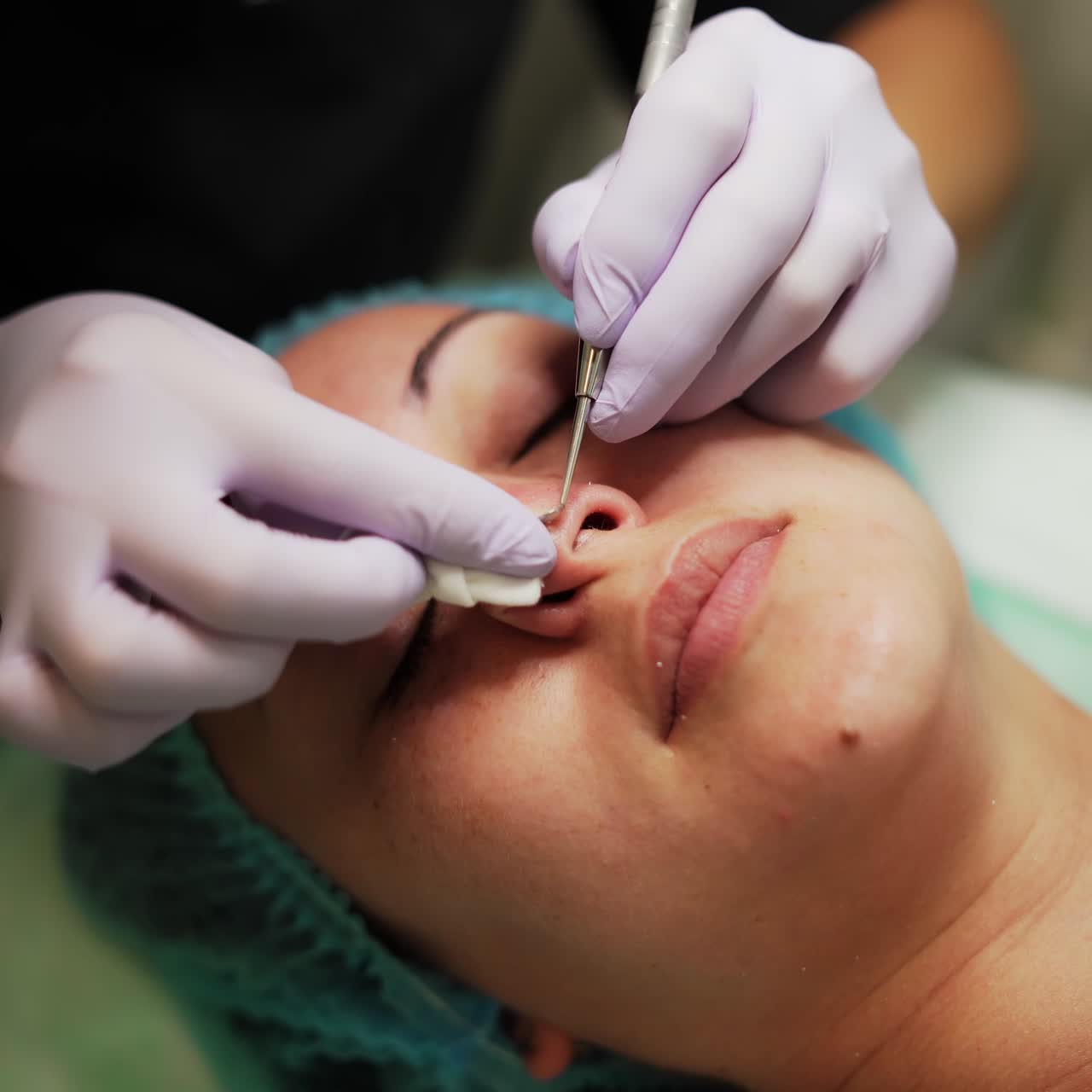 Relaxed Caucasian woman in a cap undergoing face skin care procedures at salon. Beautician uses blackhead removing instrument. Close up