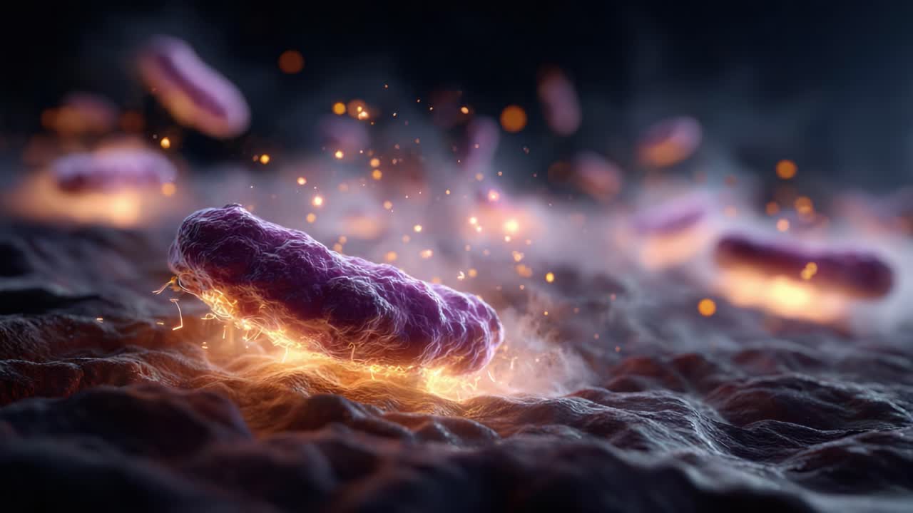 Astonishing Microbial Activity: Captivating Visualization of Bacteria with Dynamic Energy and Surrounding Ashen Environment in a Mystical Glow