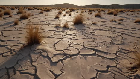 dry, cracked earth with sparse vegetation