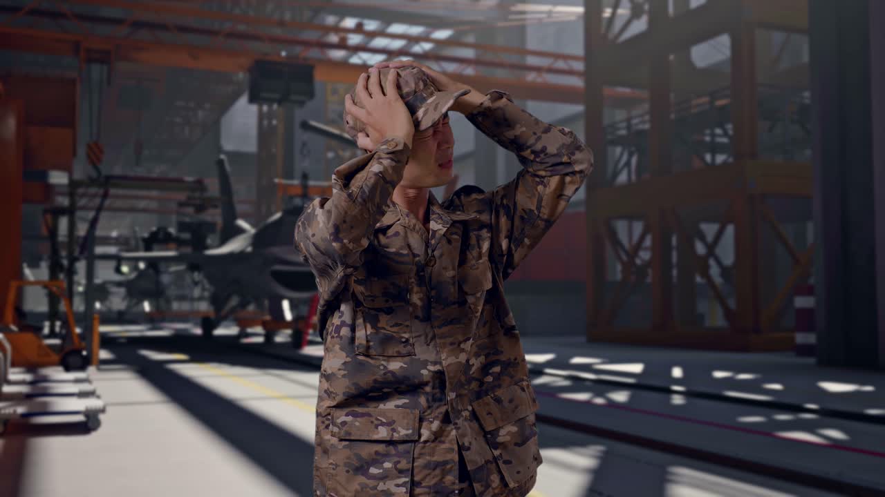Distressed Soldier in Military Uniform Holding Head in Hangar