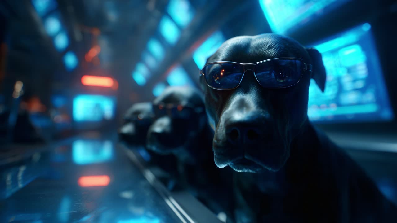 A Futuristic Gathering of Stylish Dogs in Sunglasses Surrounded by High-Tech Screens, Showcasing Their Unique Charm and Prowess in a Sci-Fi Environment