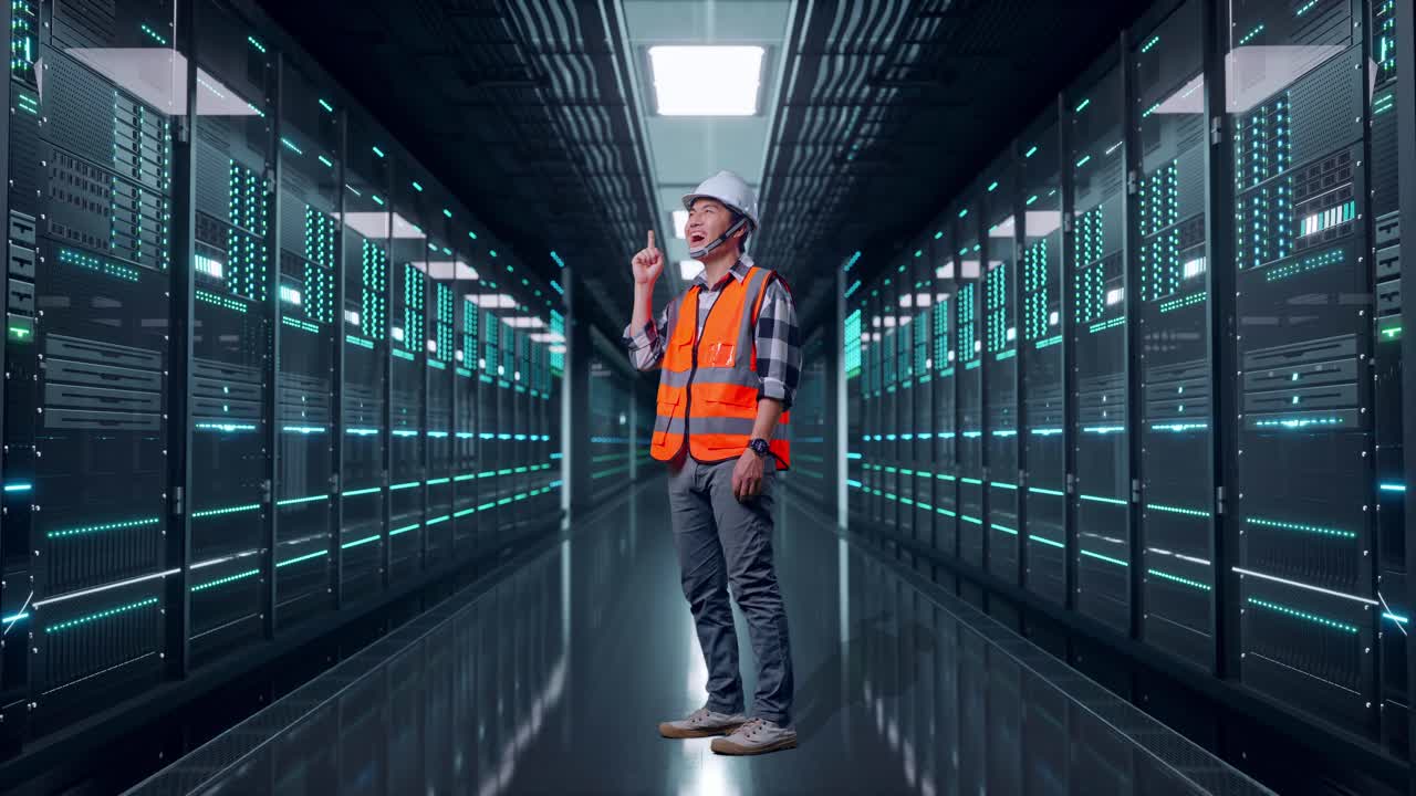 Full Body Side View Of Asian Male Engineer With Safety Helmet Thinking And Looking Around Then Raising His Index Finger While Standing in Server Room Data Center