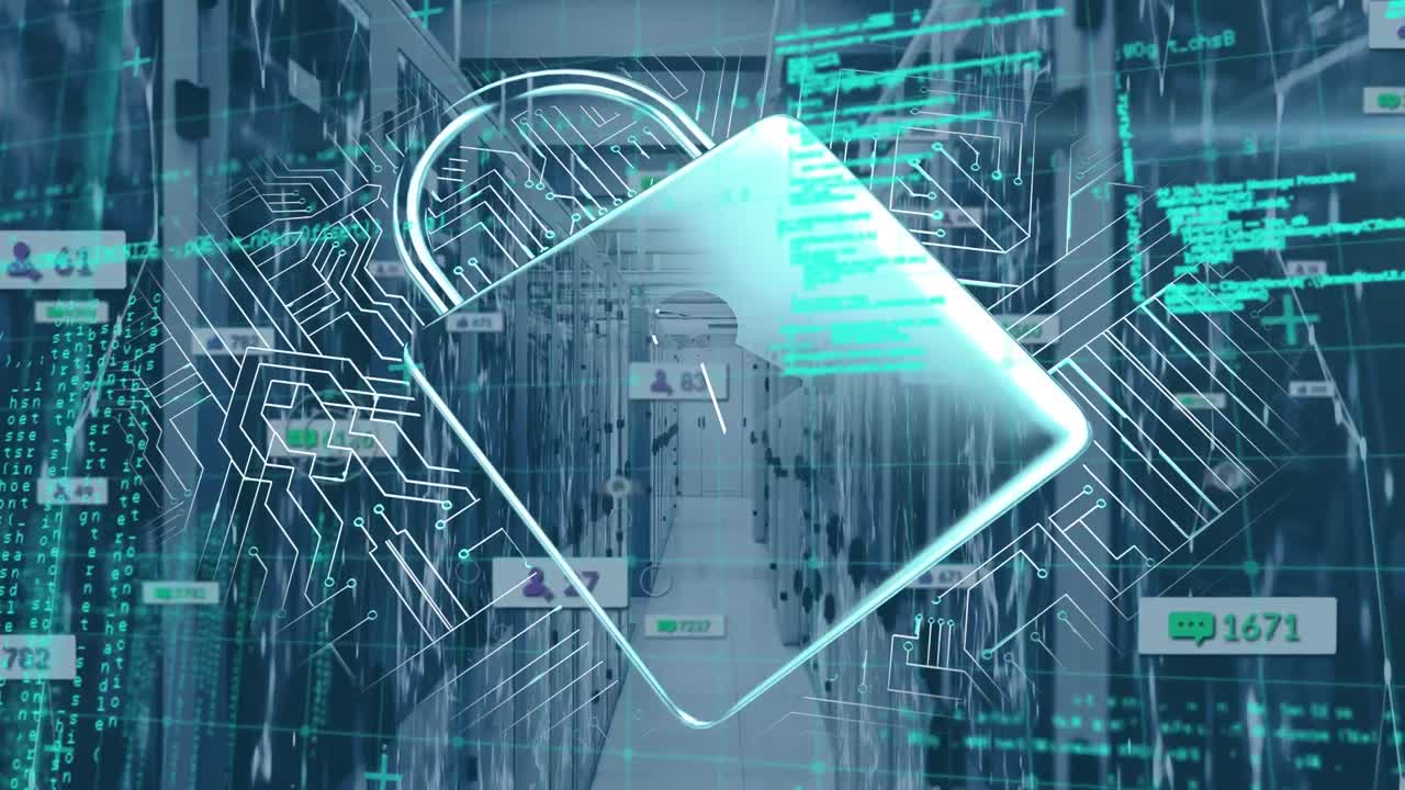 Animation of data processing and padlock over server room