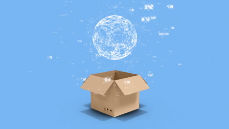 rotating globe and opening box on blue background