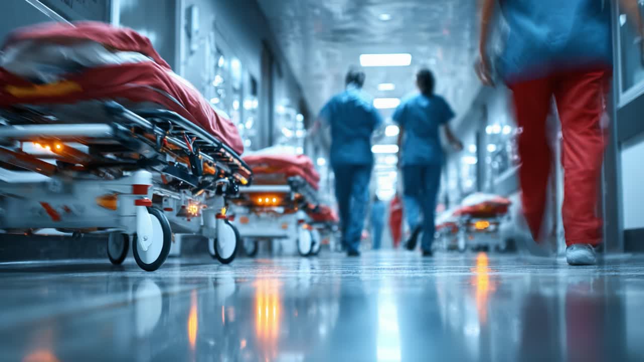 A Busy Hospital Corridor: Health Professionals Transporting Patients on Stretchers in a Fast-Paced Medical Environment