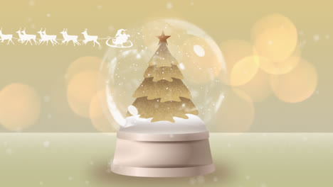 Animation-of-santa-claus-in-sleigh-with-reindeer-over-snow-falling-and-christmas-tree-in-snow-globe