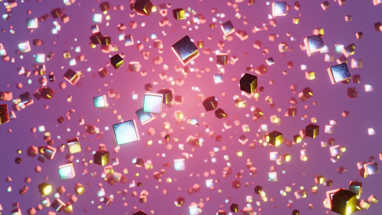 ピンクの背景に空中に浮かぶ複数のキューブ。無限ループアニメーション