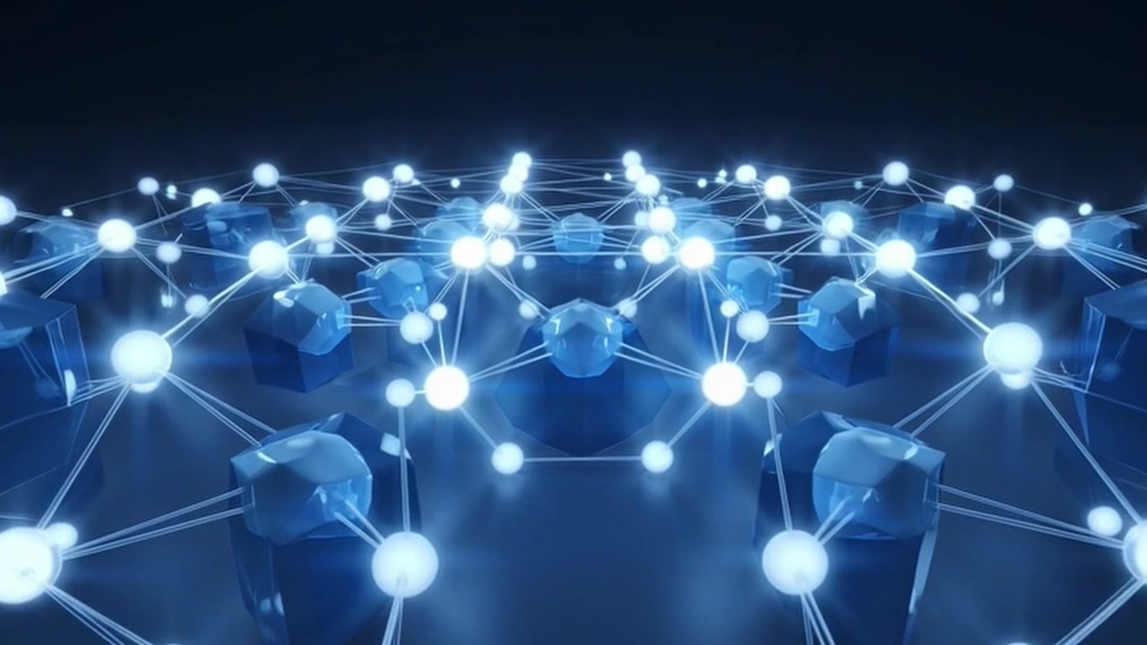 Abstract Digital Network Connection with Glowing Nodes and Geometric Cubes