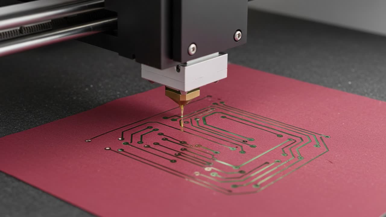 Precision Circuit Design: A Close-Up View of a 3D Printing Process Creating a Detailed Circuit Board with Fine Electrode Patterns on a Fabric Base