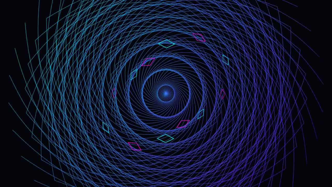 ネオンラインを用いた回転する抽象的な幾何学模様