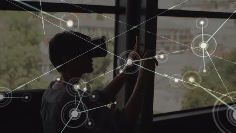 animation of network of connections over woman wearing vr headset