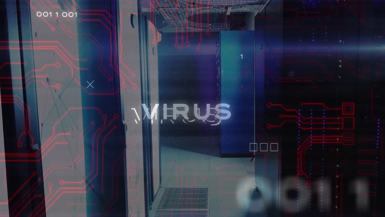 Virus alert animation over server room with circuit board patterns