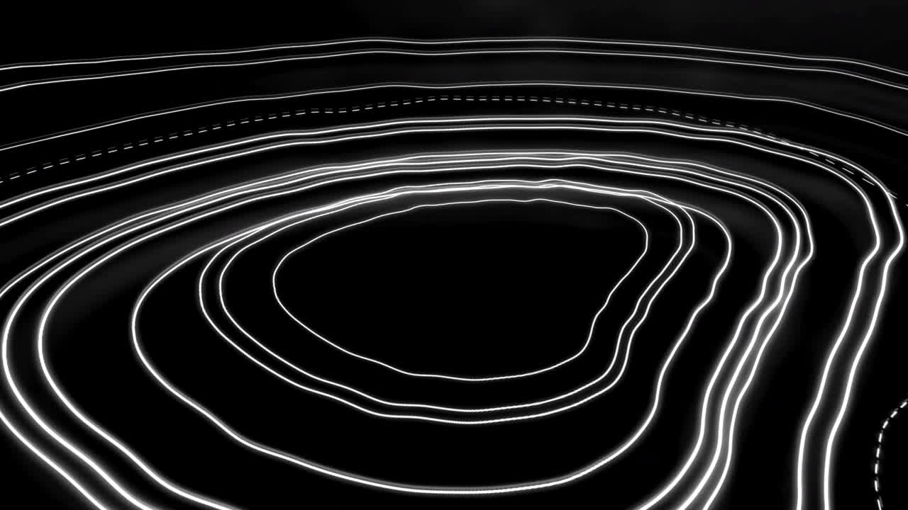 검은색 배경에 대해 원형으로 움직이는 반 ⁇ 이는 선의 애니메이션