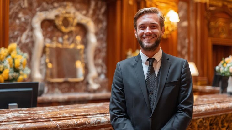 Una receptionist sorridente e cordiale accoglie gli ospiti nell'elegante hall di un hotel, dimostrando professionalità e offrendo un caloroso benvenuto in un ambiente lussuoso