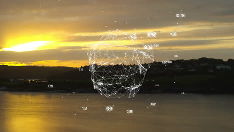 animación de la red geométrica y los puntos de datos sobre el paisaje del atardecer