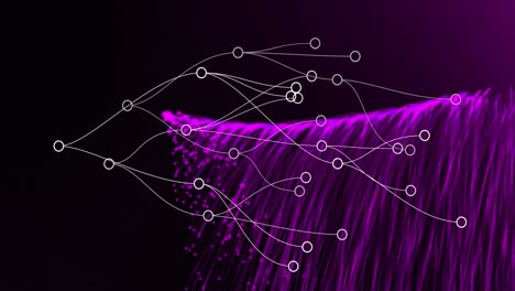 Network-of-connections-over-purple-light-trails-falling-against-black-background