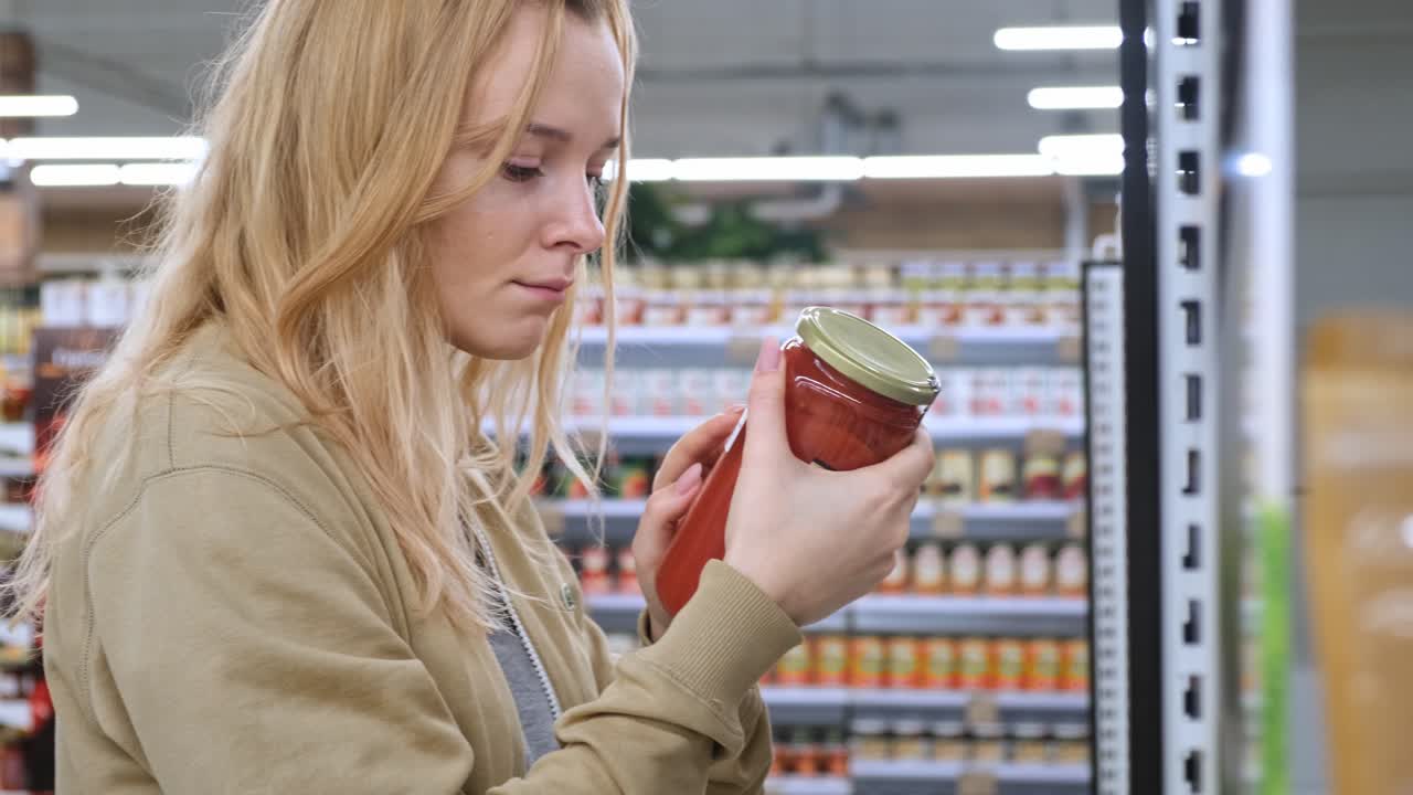 Woman Shopping for Tomato Sauce in Grocery Store