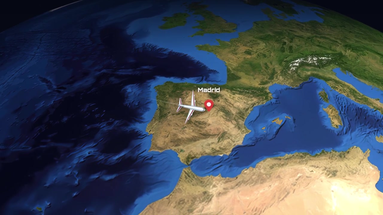 A digital animation tracks a commercial airplane flying from Mexico City across the Atlantic Ocean