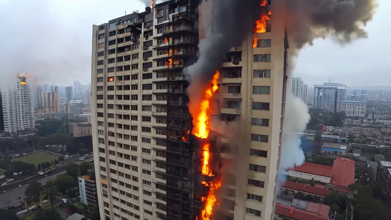 un edificio alto en llamas en el medio de una ciudad