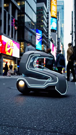 futuristic personal vehicle in a busy city street