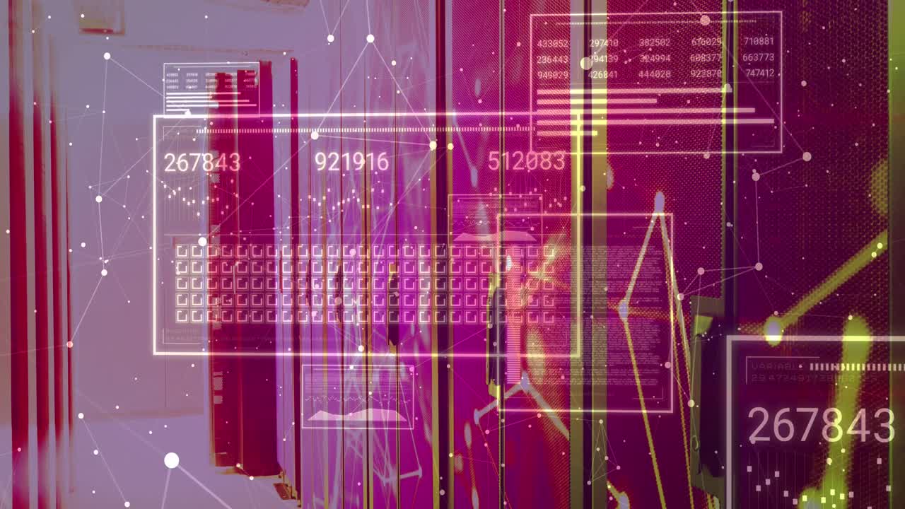 animación del procesamiento de datos y la red de conexiones a través de la sala de servidores
