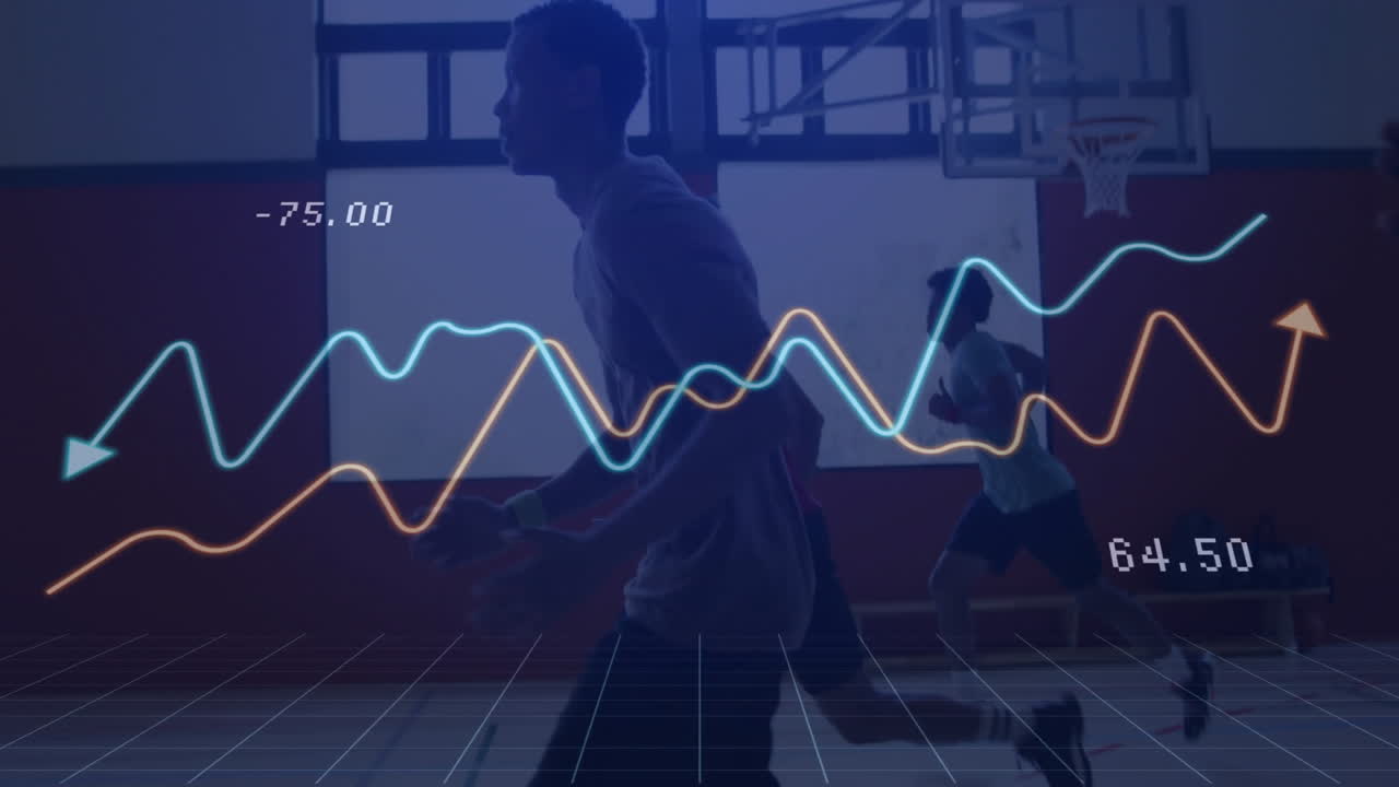 Male athletes running training drills in gym, showing sports analytics graphs and floating metrics