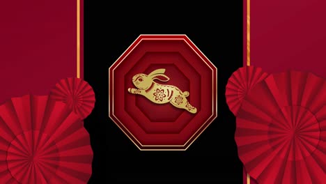 animation of chinese traditional decorations and rabbit on red background