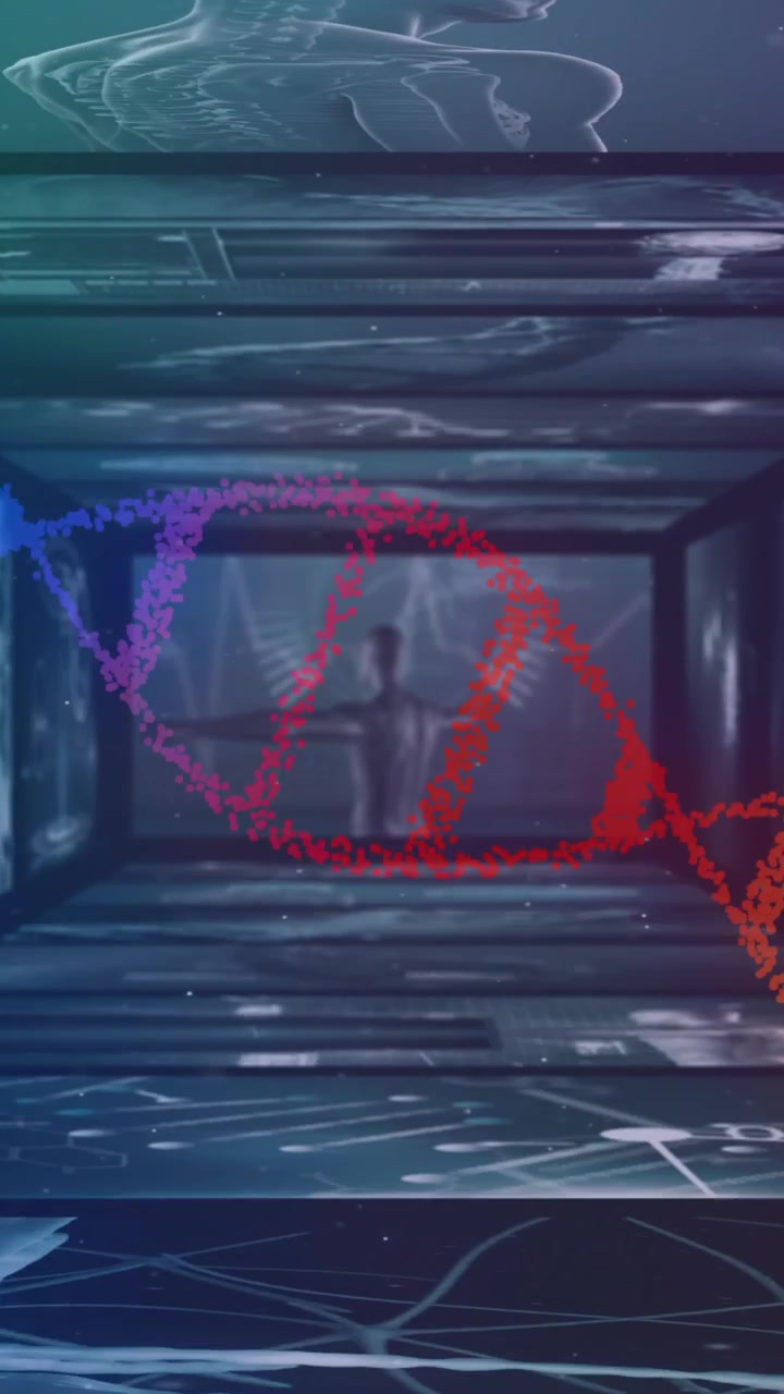 DNA strand and scientific data processing animation over futuristic laboratory background